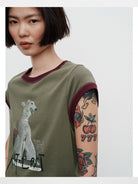 RandomPiece Dog Graphic Flutter Sleeve Tee in Olive - On Model