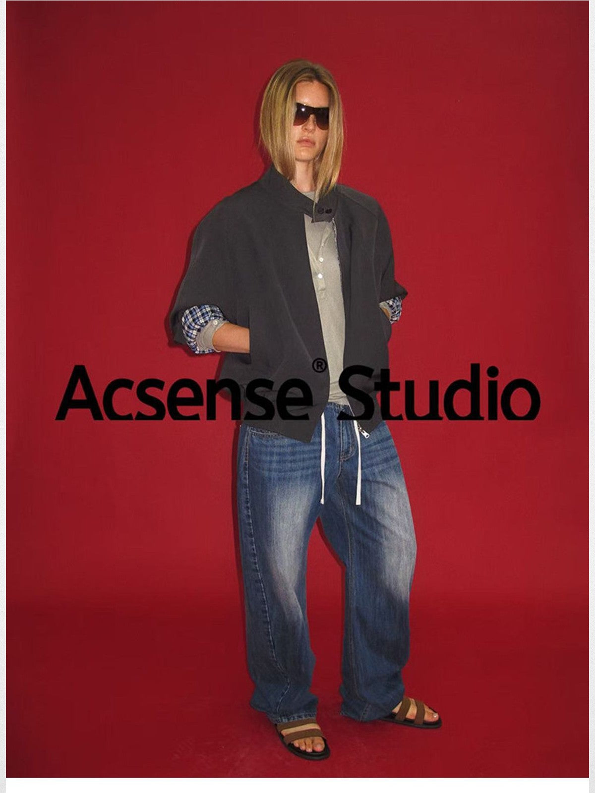 ACSENSE STUDIO Reversible Stand Collar Jacket in Gray - On Model