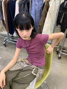 NeverSeez Slim Lyocell Wool Blend Tee in Purple - On Model