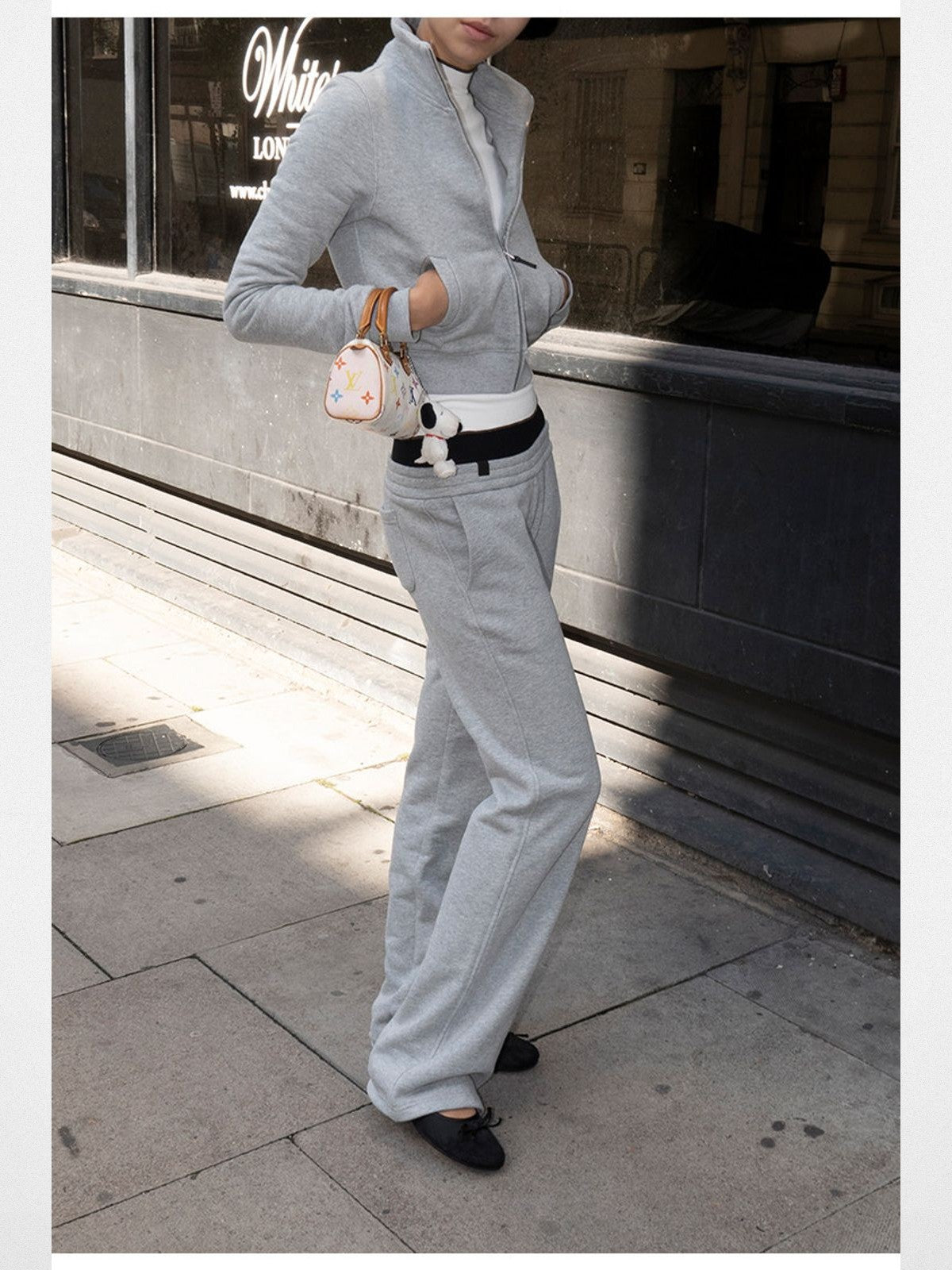 RARELY ALIKE Cropped Stand Collar Zip Jacket in Gray - On Model