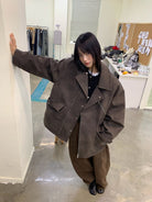 NeverSeez Padded PU Leather Trench Coat in Gray - On Female Model