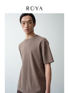 ROYA Cashmere Cotton Blend Knit T Shirt in Beige - On Model