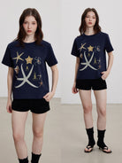 THELIGHT OFFICIAL Starfish Rhinestone T Shirt in Navy Blue - On Model