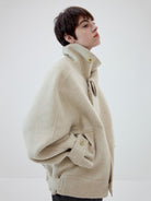 Simple Project High Neck Double Faced Wool Jacket in White - On Female Model