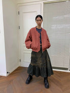 NeverSeez Asymmetric Vintage Wash Denim Skirt in Dark Wash - On Model