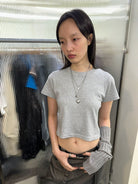 Neverseez Solid Cotton Crop Tee in Gray - On Model
