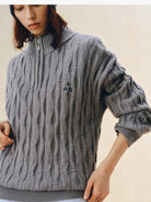 FPA Half Zip Cable Knit Pullover in Gray - On Model