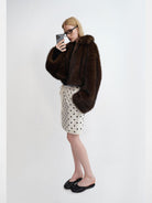 RARELY ALIKE Cropped Faux Fur Zip Jacket in Brown - On Model