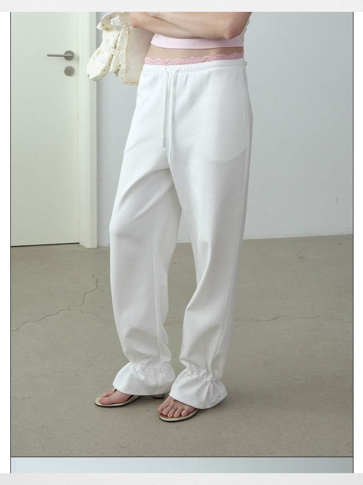 RARELY ALIKE Lace Waist Adjustable Joggers in White - On Model