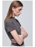 Simple Project Tencel Wool Button Front Tee in Charcoal - On Model