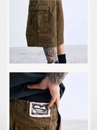 SWFI Distressed Wide Leg Cargo Shorts in Olive - On Model