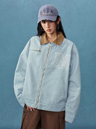 MEDM Lace Appliqu Detroit Jacket in Sky Blue - On Female Model