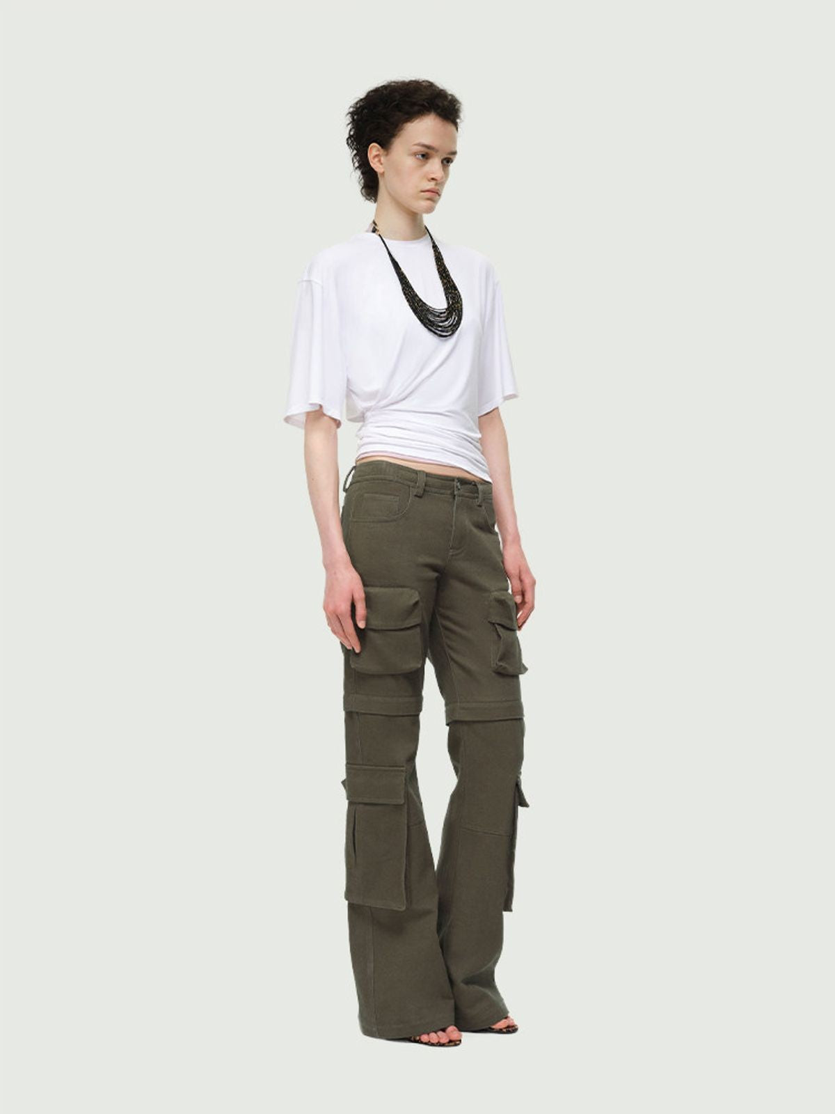 RARELY ALIKE Asymmetrical Ruched Waist Tee in White - On Model