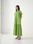 RandomPiece Eco Cotton Hemp Tiered Maxi Dress in Green - On Model