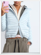 RARELY ALIKE Detachable Hood Down Puffer in Sky Blue - On Model