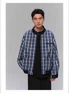 NANS Menswear Reversible Plaid Harrington Jacket in Navy Blue - On Model