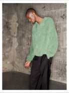 TRIANGLE PROJECT Faux Mink Zip Up Hooded Jacket in Mint - On Model