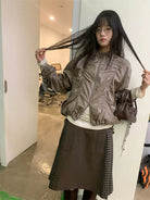 NeverSeez Glossy Ruched Tencel Windbreaker in Coffee - On Female Model