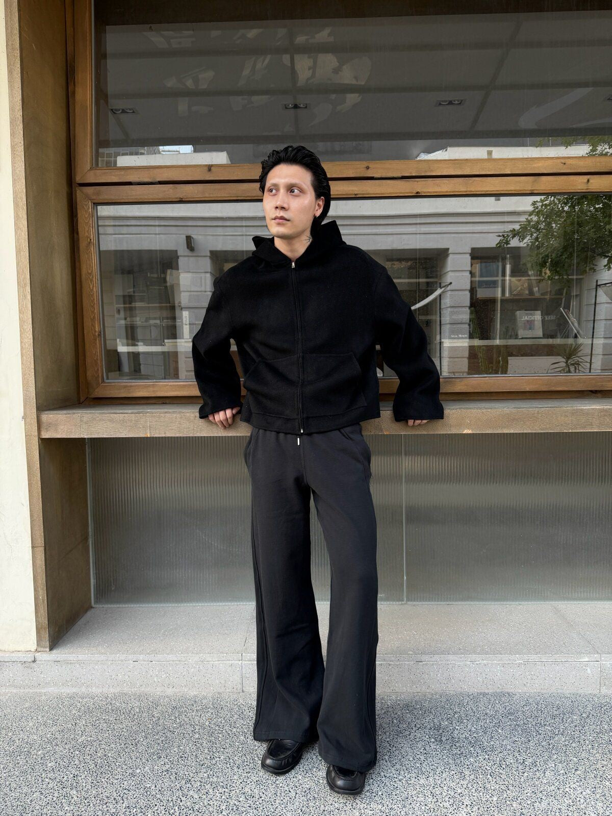 TRIANGLE PROJECT Double Faced Wool Cashmere Hoodie in Black - On Model