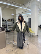 NeverSeez Asymmetric Zip Sherpa Collar Jacket in Green - On Model