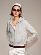 PUKI Cropped Cotton Blend Zip Hoodie in Gray - On Model