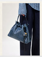 Songmont Slouchy Nappa Leather Tote in Navy Blue - On Model