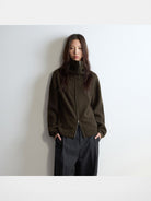 RandomPiece Merino Wool Draped Zip Cardigan in Olive - On Model