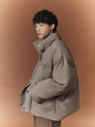 NANS Wool Touch High Neck Down Puffer in Beige - On Model