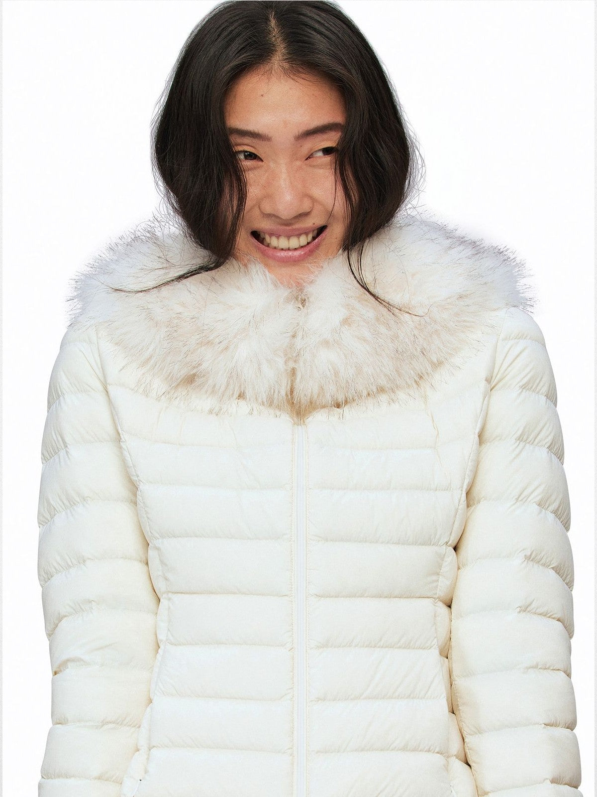 Alright then Slim Faux Fur Down Puffer in White - On Model