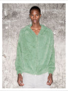 TRIANGLE PROJECT Faux Mink Zip Up Hooded Jacket in Mint - On Model