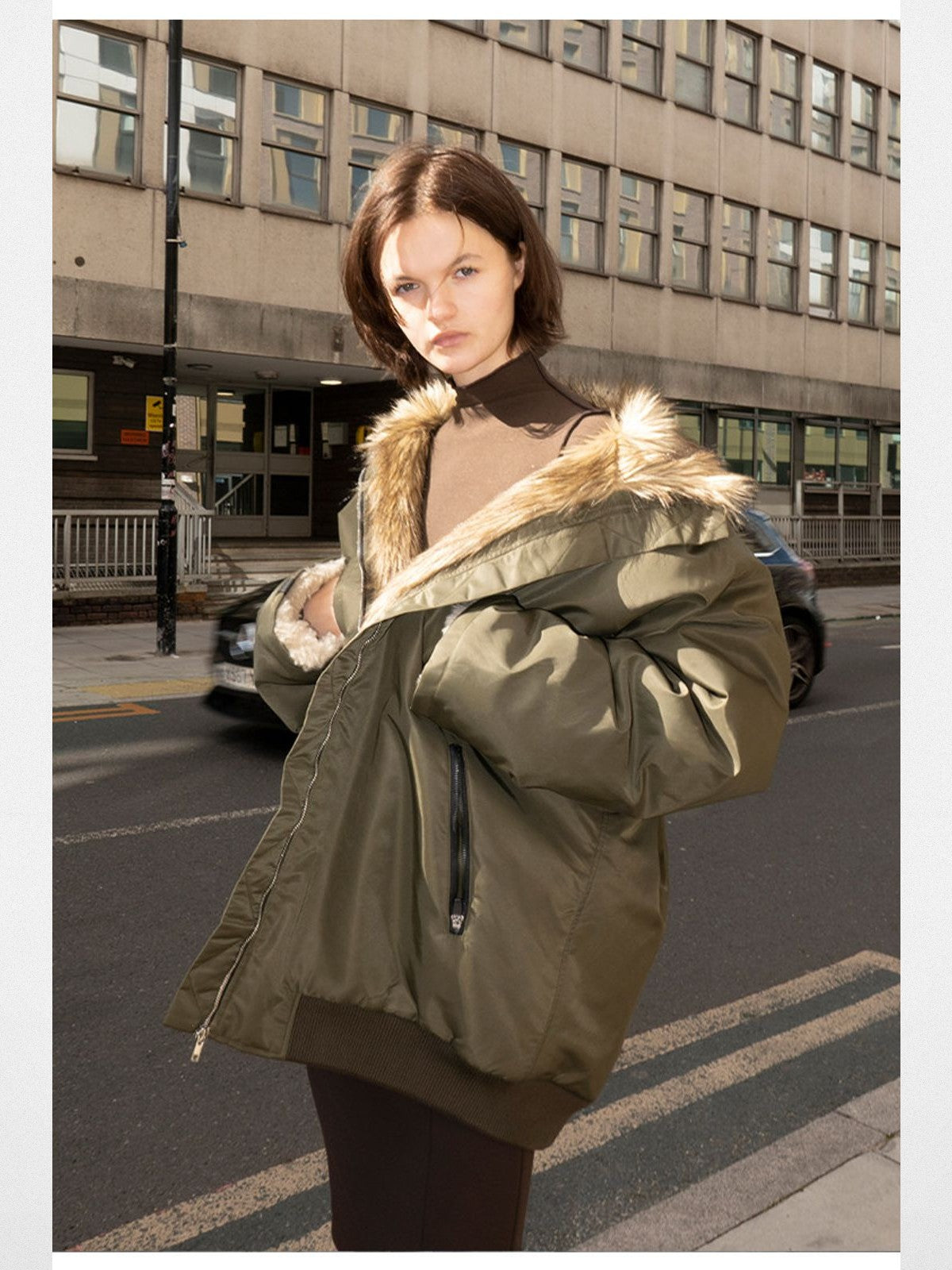 RARELY ALIKE Faux Fur Lined Nylon Bomber in Olive - On Model
