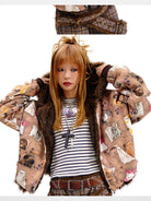 CFIERCE Reversible Cat Print Faux Fur Jacket in Beige - On Female Model