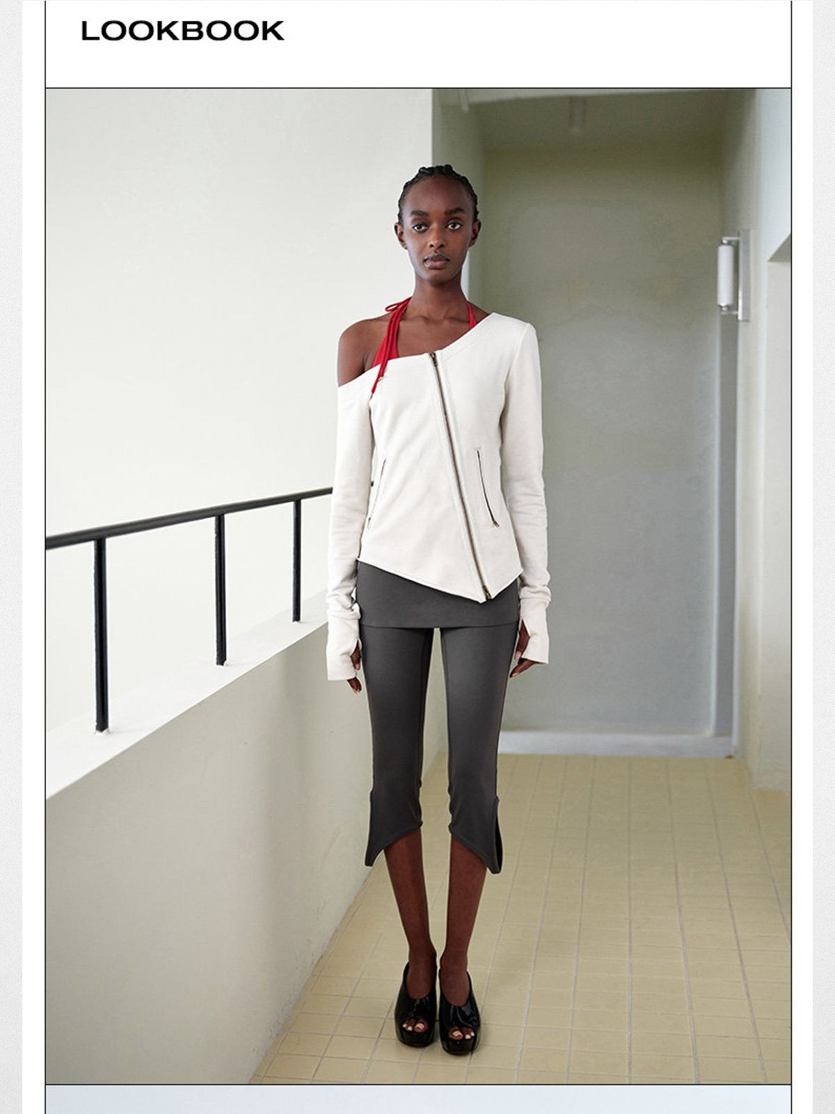 RARELY ALIKE Asymmetrical Zip Up Sweatshirt in White - On Model