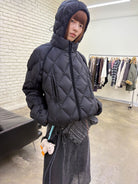 NeverSeez Diamond Quilted Down Puffer in Black - On Model