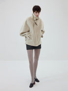 Simple Project High Neck Double Faced Wool Jacket in White - On Female Model