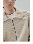 NANS Heavyweight Raglan Zip Cardigan in Beige - On Model