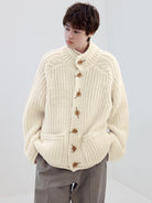 Simple Project Chunky Wool Blend High Neck Cardigan in Cream - On Male Model
