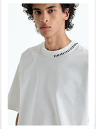 NANS Hand Stitched Fringe Oversized Tee in White - On Model