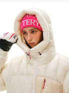 FPA 800FP Contrast Pocket Hooded Puffer in Cream - On Female Model