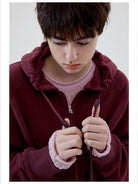 Simple Project Cotton Blend Zip Up Hoodie in Burgundy - On Female Model