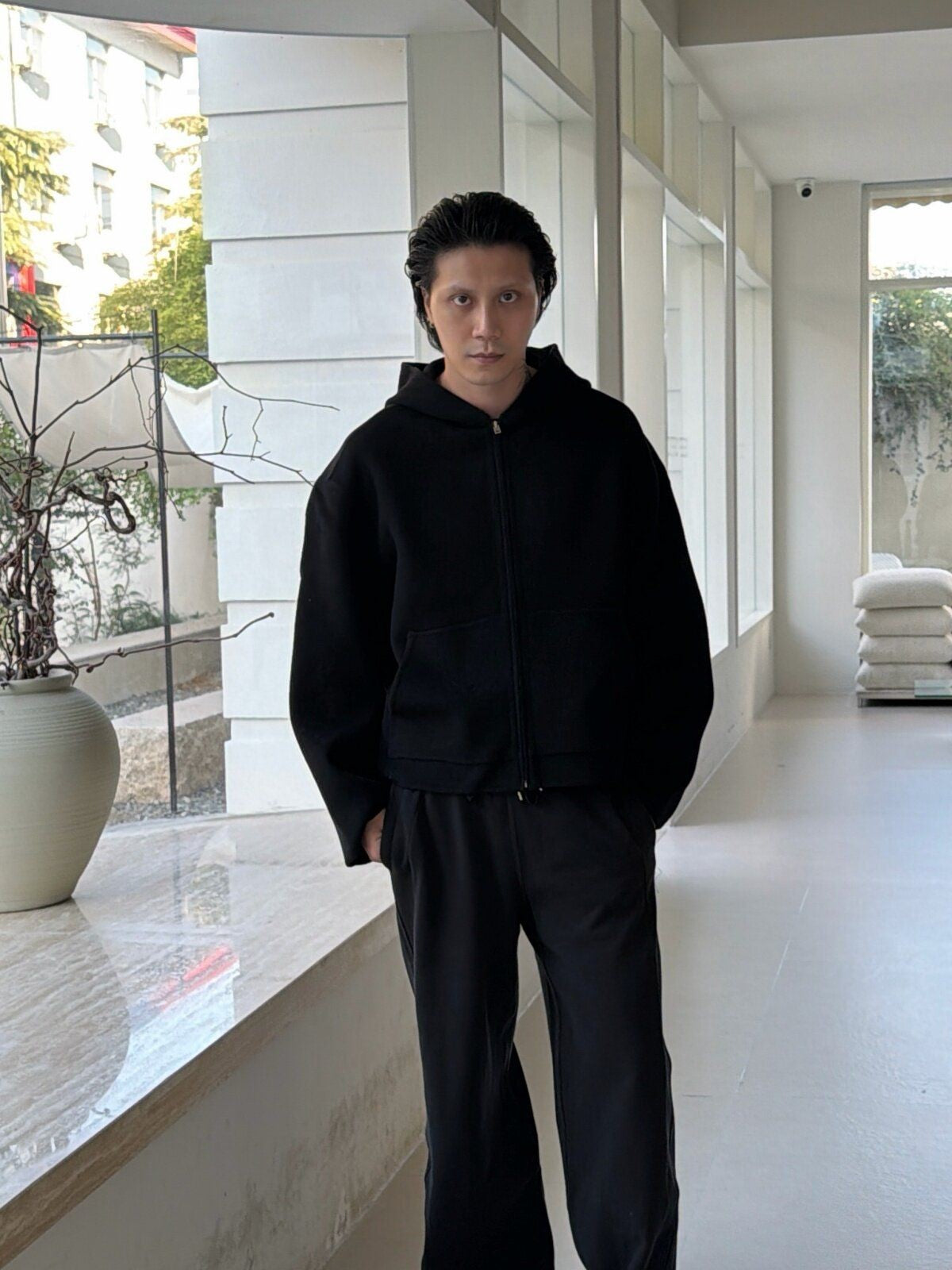 TRIANGLE PROJECT Double Faced Wool Cashmere Hoodie in Black - On Model