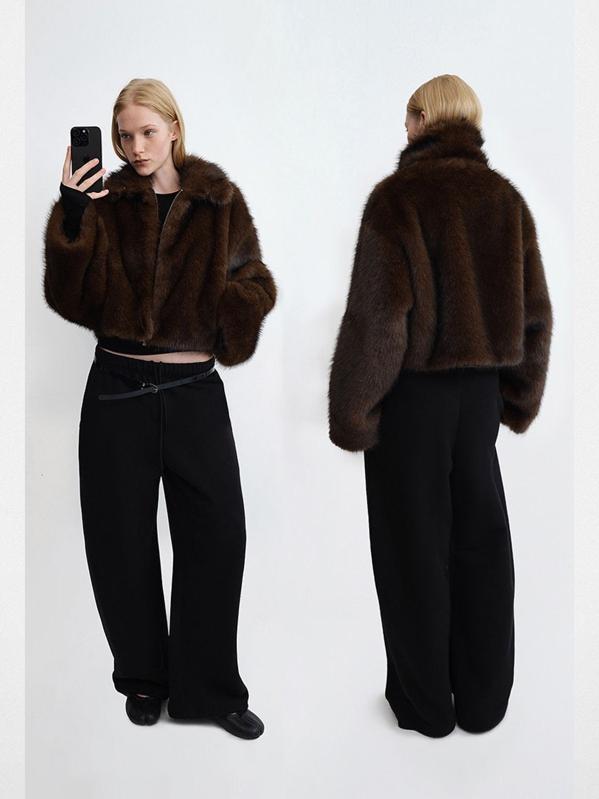 RARELY ALIKE Cropped Faux Fur Zip Jacket in Brown - On Model