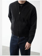 Roolrren Homme Cashmere Wool Cotton Zip Cardigan in Black - On Model