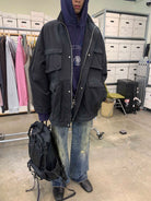 NeverSeez Distressed Cotton Barn Jacket in Black - On Male Model