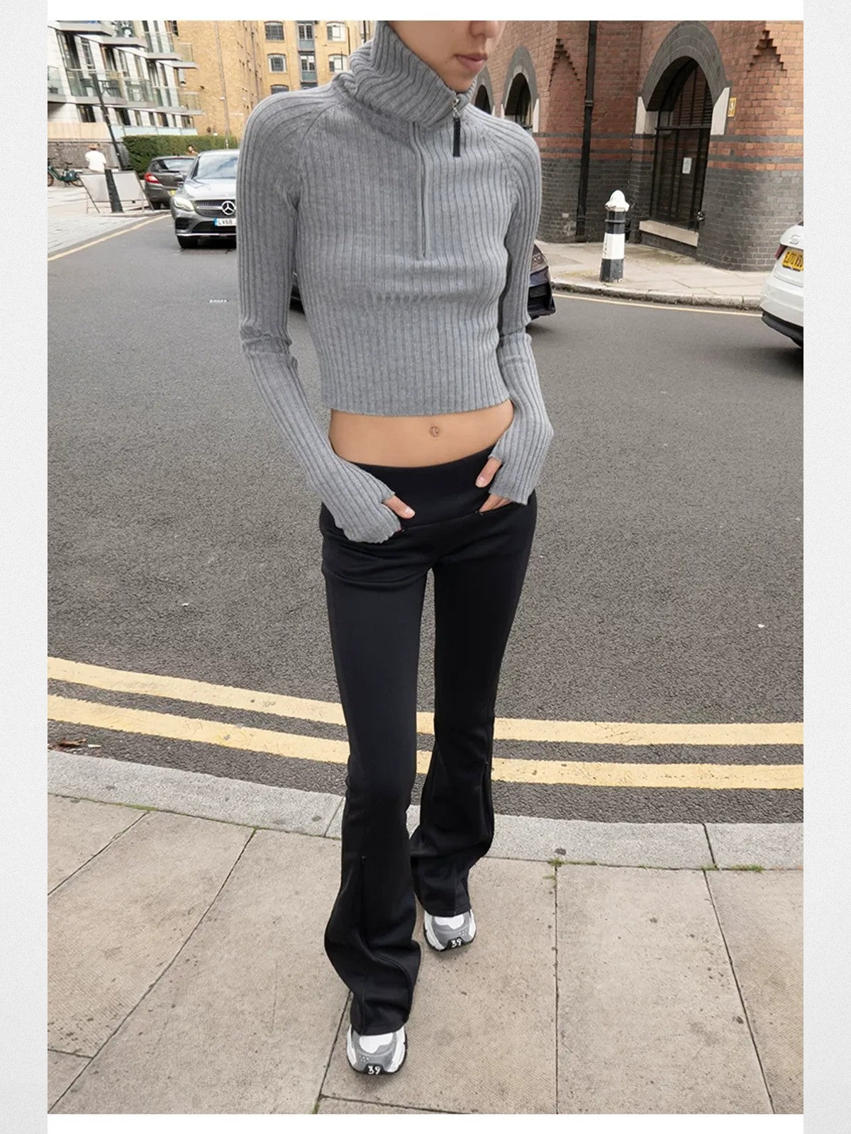 RARELY ALIKE Zip Up High Neck Wool Knit in Gray - Lifestyle