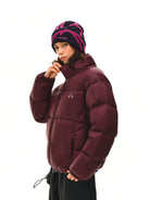 FPA Logo Print Down Puffer Jacket in Burgundy - On Female Model