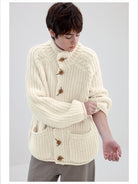 Simple Project Chunky Wool Blend High Neck Cardigan in Cream - On Male Model
