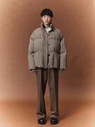 NANS Wool Touch High Neck Down Puffer in Beige - On Model