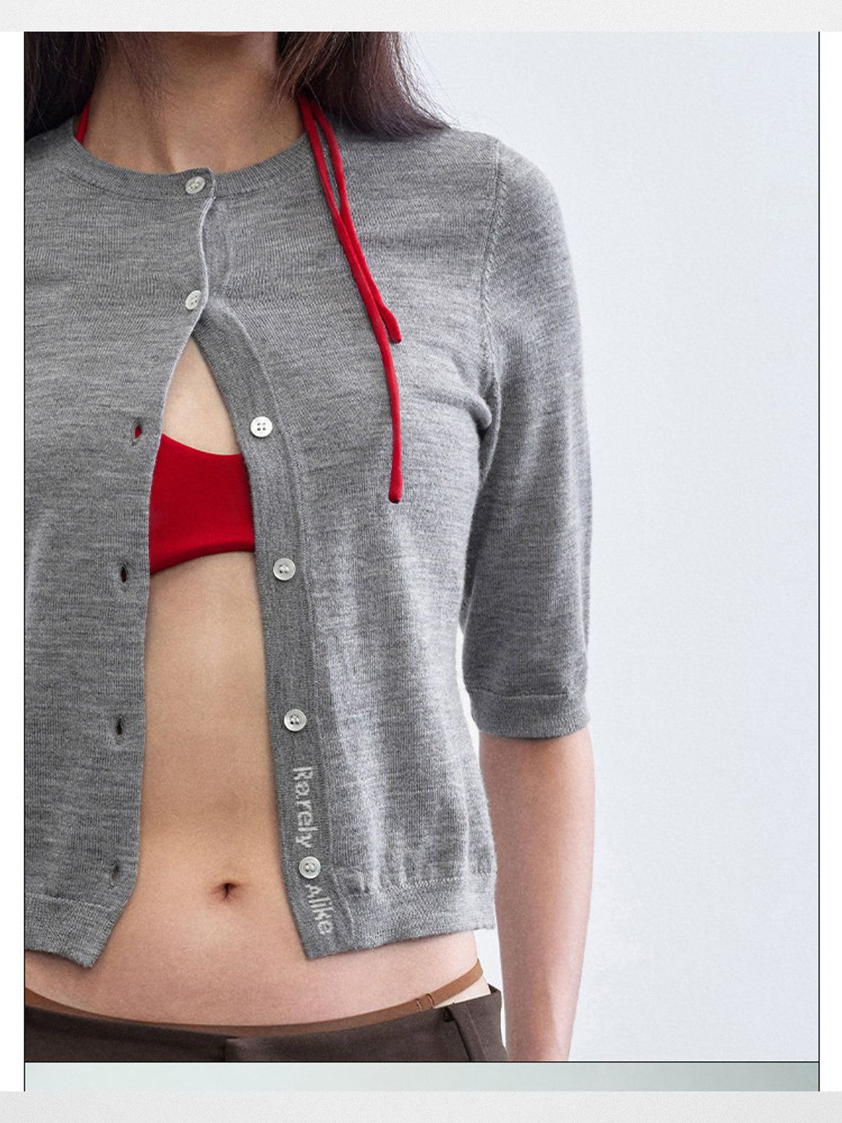 RARELY ALIKE Pure Wool Mid Sleeve Cardigan in Gray - On Model