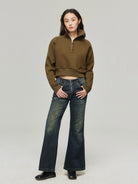 Simple Project Mock Neck Half Zip Sweatshirt in Olive - On Model